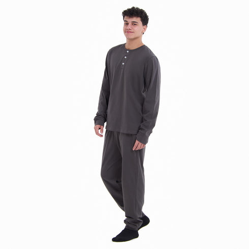 Men Fall Pajama Set Dark Grey Buttoned Sweatshirt + Pants